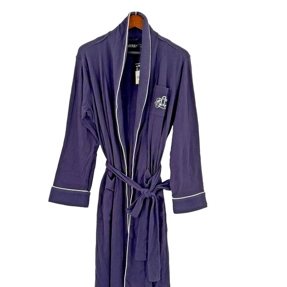 NEW W TAGS Black Label Ralph Lauren Navy Blue Shawl Collar Bath Robe Soft MEDIUM - Picture 10 of 16